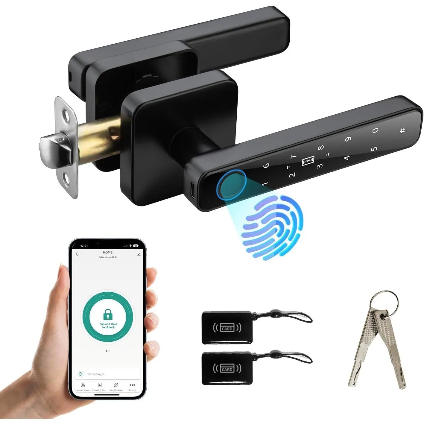 Smart Door Knob with Key & Keypad,  Keyless Entry, Biometric Fingerprint Door Lock - Privacy & Passage Doorknob Functions for Home, Bedroom, Office, and Apartment