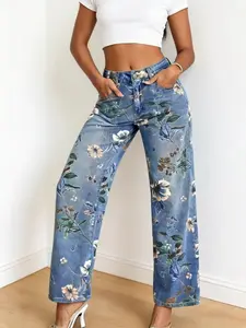 Women's Floral Denim Jeans, Soft Fitted Straight Leg Blue Pants, Casual Elegant Chic Design for Spring Summer, All Seasons Wear Womenswear Elegance