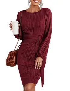 HOTOUCH Women's Casual Knit Dress Long Lantern Sleeve Fall Bodycon Dress Crewneck Tie Waist Rib Knitted Sweater Dresses lirika  matoshi
