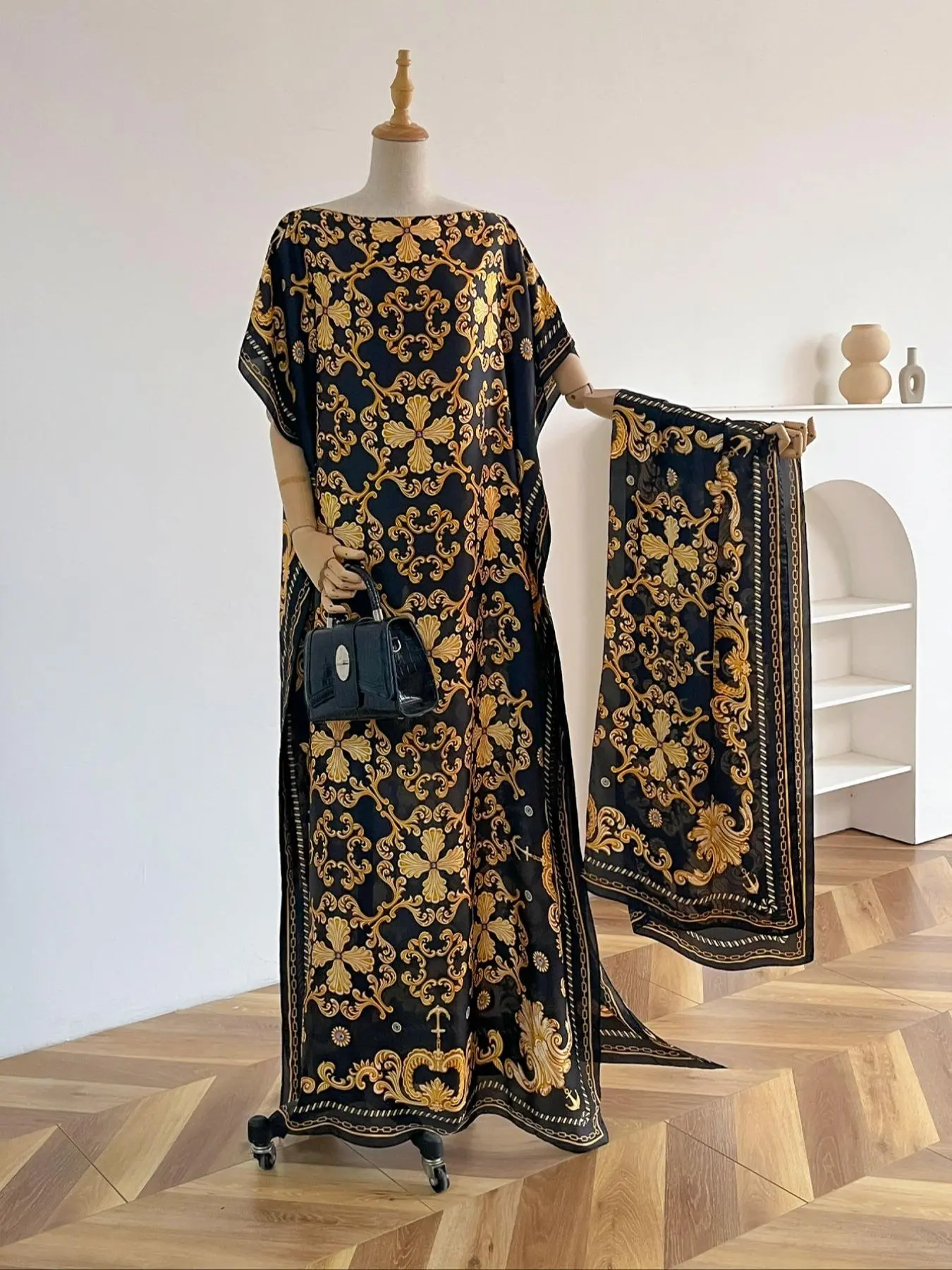 Women's Elegant Random Floral Print Long Sleeve Kimono Cover Up & Scarf Set, Boho Style Shawl & Scarf Set for Beach Vacation, Fashion Accessories for Women, Beach Cover Ups, Bohemian Cover Up, Beach Coverups