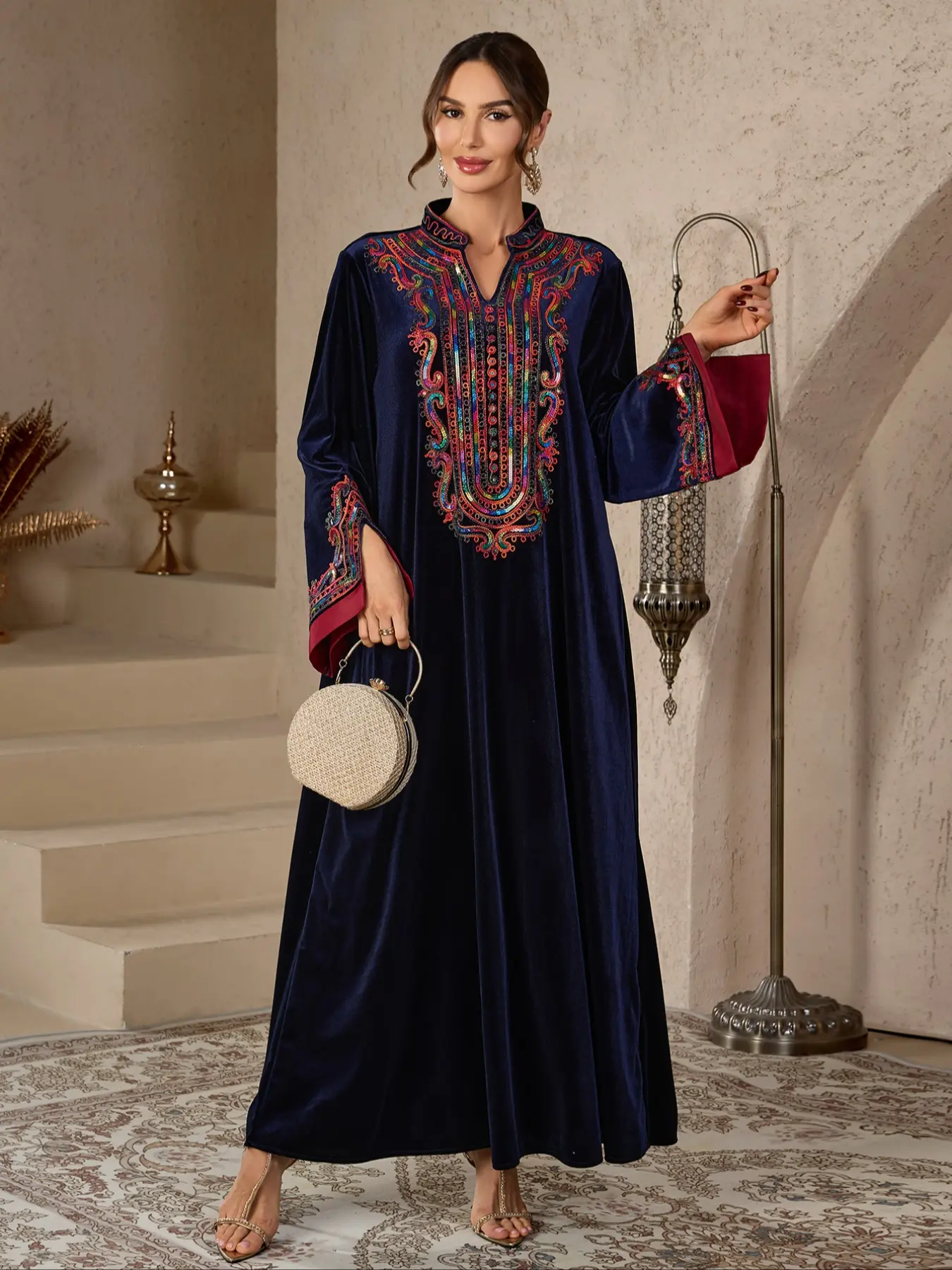 Women's Muslim Modesty Islamic Modesty Clothes Elegant Islamic Clothing Abaya Dress Long Sleeve Elegant Geometric Pattern High-Quality Velvet Fabric for Fall & Winter Loose Fit Abayas