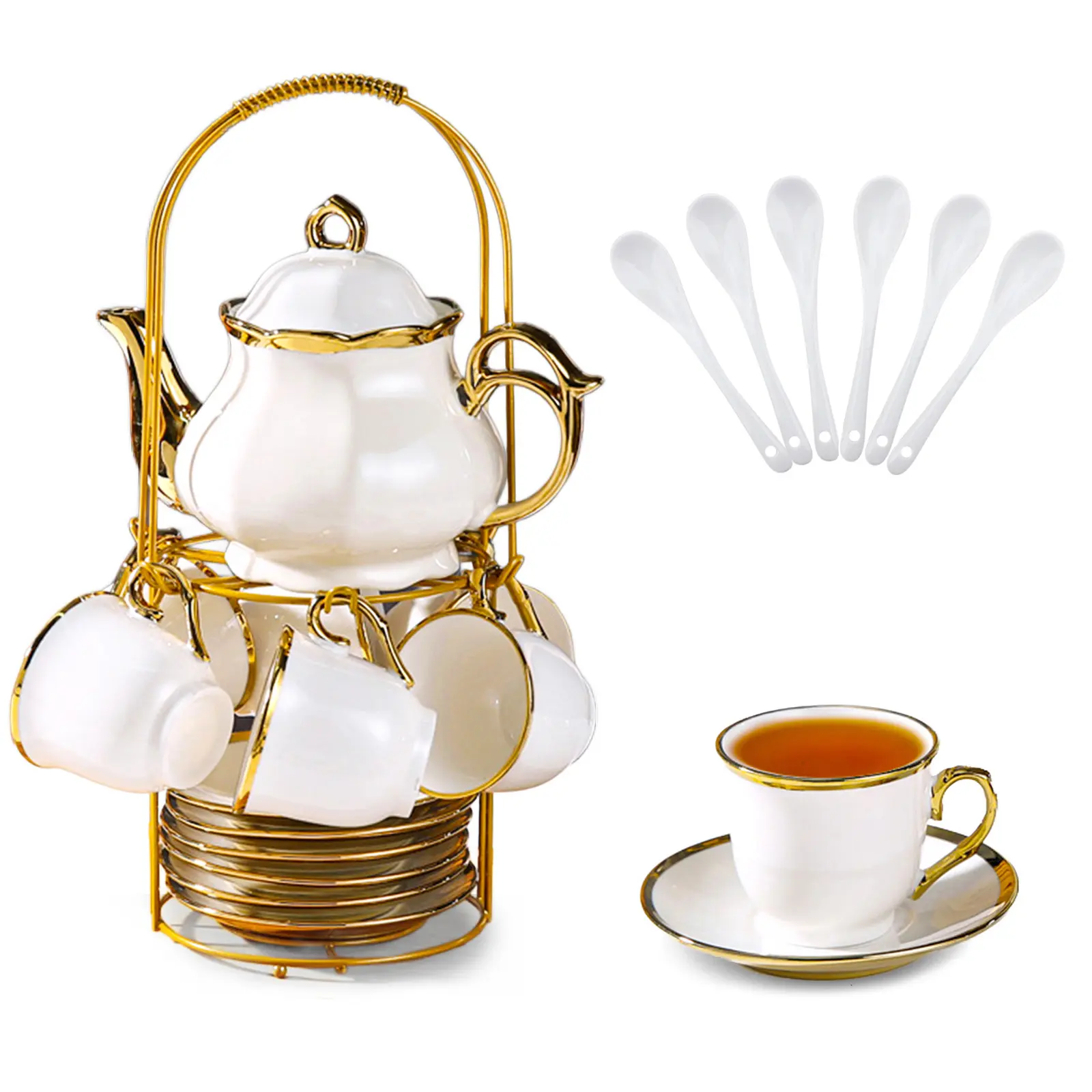 20 Pcs Porcelain Tea Set with Metal Holder, European Ceramic Tea Set for Adults, Coffee Tea Gift Sets, French Tea Cup Saucer Set for Party With Gold Trim (French White)