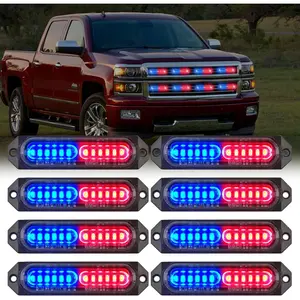 Nilight 8PCS 12LED Red Blue Strobe Lights, 12V-24V Ultra Thin Surface Mount Hazard Beacons with Sync Feature, High Brightness Safety Alert Flashing Mode, Mini Grille Lights for Cars/Trucks