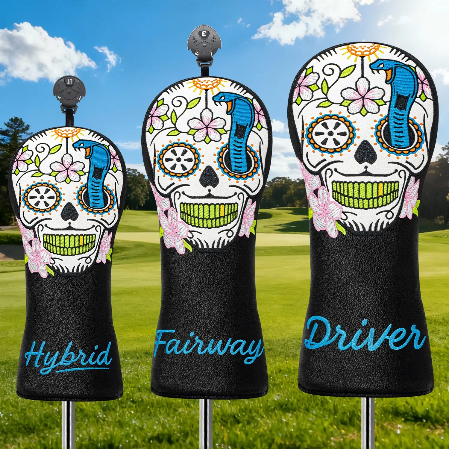 Golf Club Headcover Sleeves with Skull & Flower Design, Fits 1/wood/3/5-Wood/ut, Right-Handed Golfer Protection, Elastic Closures, Golf Accessory, Golf Equipment