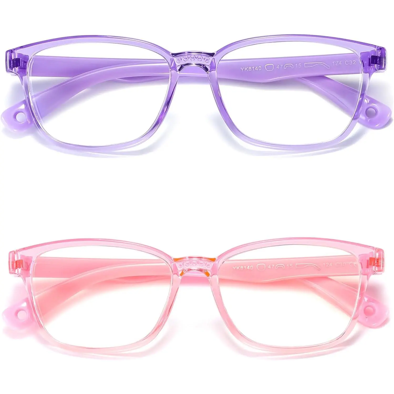 Kids Blue Light Blocking Frame/Glasses 2-Pack, Transparent Purple & Pink Frames, Protects Eyesight, Anti-Eyestrain, UV Protection, Comfortable for 3-9 Year-Olds, for Computer Gaming, Smart Phone & Daily Use