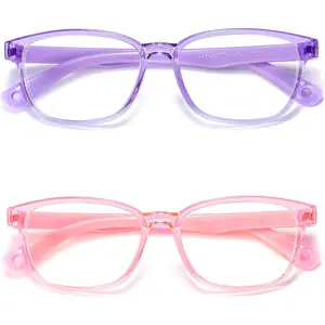 Kids Blue Light Blocking Glasses 2 Pack, Anti Eyestrain & UV Protection, Computer Gaming TV Phone Glasses for Boys Girls Age 3-9 (Transparent Purple+ Transparent Pink)