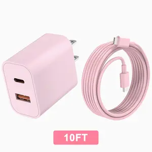 Multi Color 20W 2-Ports PD Fast Charging Wall Charger with 10FT Extra Long Type C  to C Cable，Compatible withPhone/Android/Phone/Samsumg/Pad