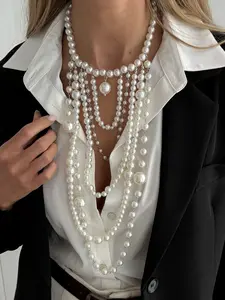 Vintage European Style Fashion Jewelry Necklace, Multi-Layer Elegant Faux Pearl Beaded Tassel Necklace for Women, Perfect for Daily Wear, Parties and Weddings, Dangling Pearl Necklace