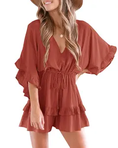 Women's V-Neck Ruffled Layered Drawstring-Waisted Beach Romper Shorts Jumpsuit