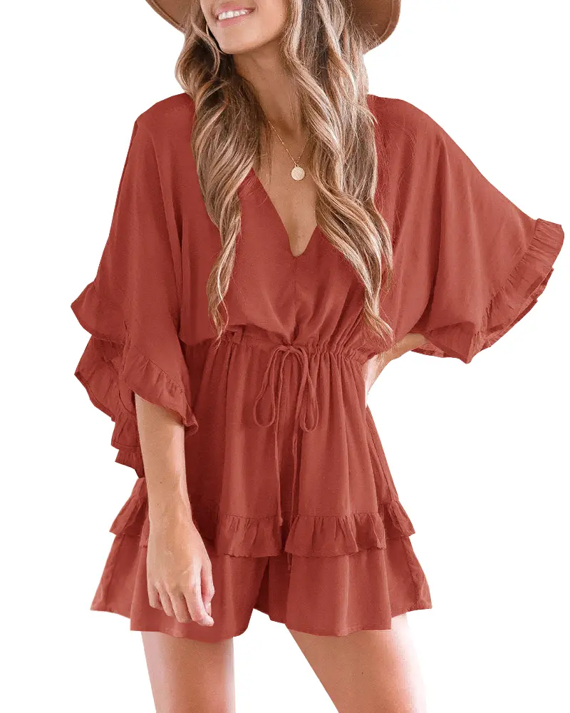 Women's V-Neck Ruffled Layered Drawstring-Waisted Beach Romper Shorts Jumpsuit