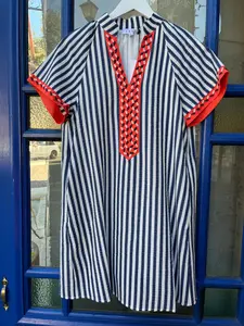 Navy Stripe Dress with Orange Contrast Placket