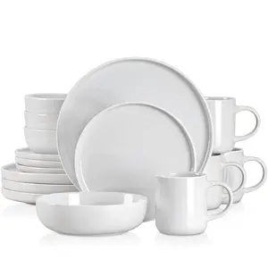 vancasso Sesam 16-Piece Light Grey Stoneware Dinnerware Set | Sesame Glaze Ceramic Dish Set with Dinner Plates, Dessert Plates, Soup Bowls, and Mugs, Service for 4 Tableware