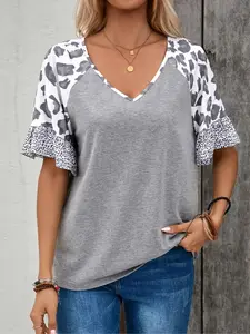 Plus Size Print Patchwork Ruffled Sleeve Casual V-Neck Short-Sleeve Top Loungewear Style, Y2K Clothes Summer Daily Wear, Trendy Leopard-Print Tops, Shirts, Comfortable Relaxed Fit Ensembles, Stylish Mixed-Pattern