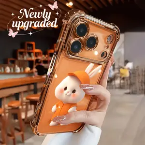 New electrically plated transparent TPU airbag shock-proof phone case with creative orange rabbit pattern. Suitable for iPhone 17 Pro Max, 16, 15, 14, 13, 12, 11. Simple and fashionable shock-proof soft case for protection. Unique and creative protection