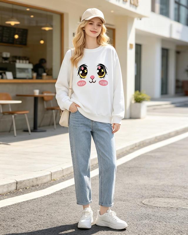 Women's Fashion Kawaii Cute Cat Face Graphic Print Long Sleeve Hoodie Sweatshirt - Soft Cotton, Fitted Cut Casual Crewneck Fall Pullover Top