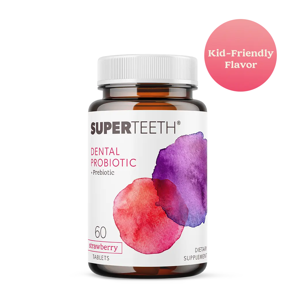SuperTeeth Chewable Dental Probiotic for Kids & Adults | Supports Healthy Teeth & Gums | Oral Health | Fights Bad Breath | BLIS M18 | 60 Strawberry Flavored Tablets | Fluoride & Sugar Free | Vegan