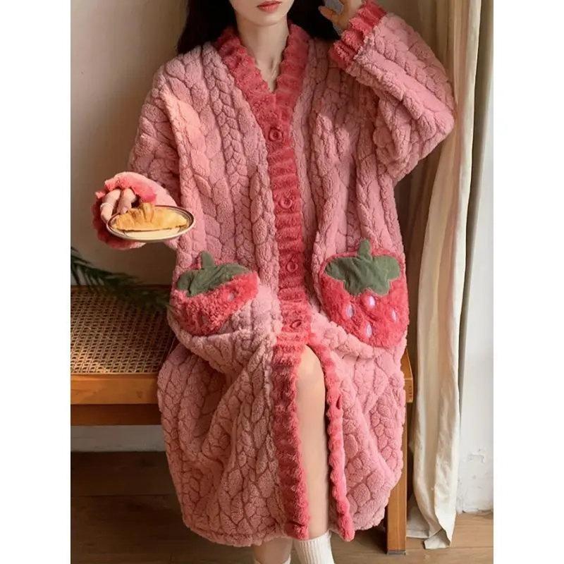 (New) Women's Cozy Polyester Coral Fleece Robe Nightwear - Casual V-Neck, Longsleeves, Thick Plush Loose-Fitting Autumn/Winter Loungewear with Strawberry Pockets, Machine Washable 233