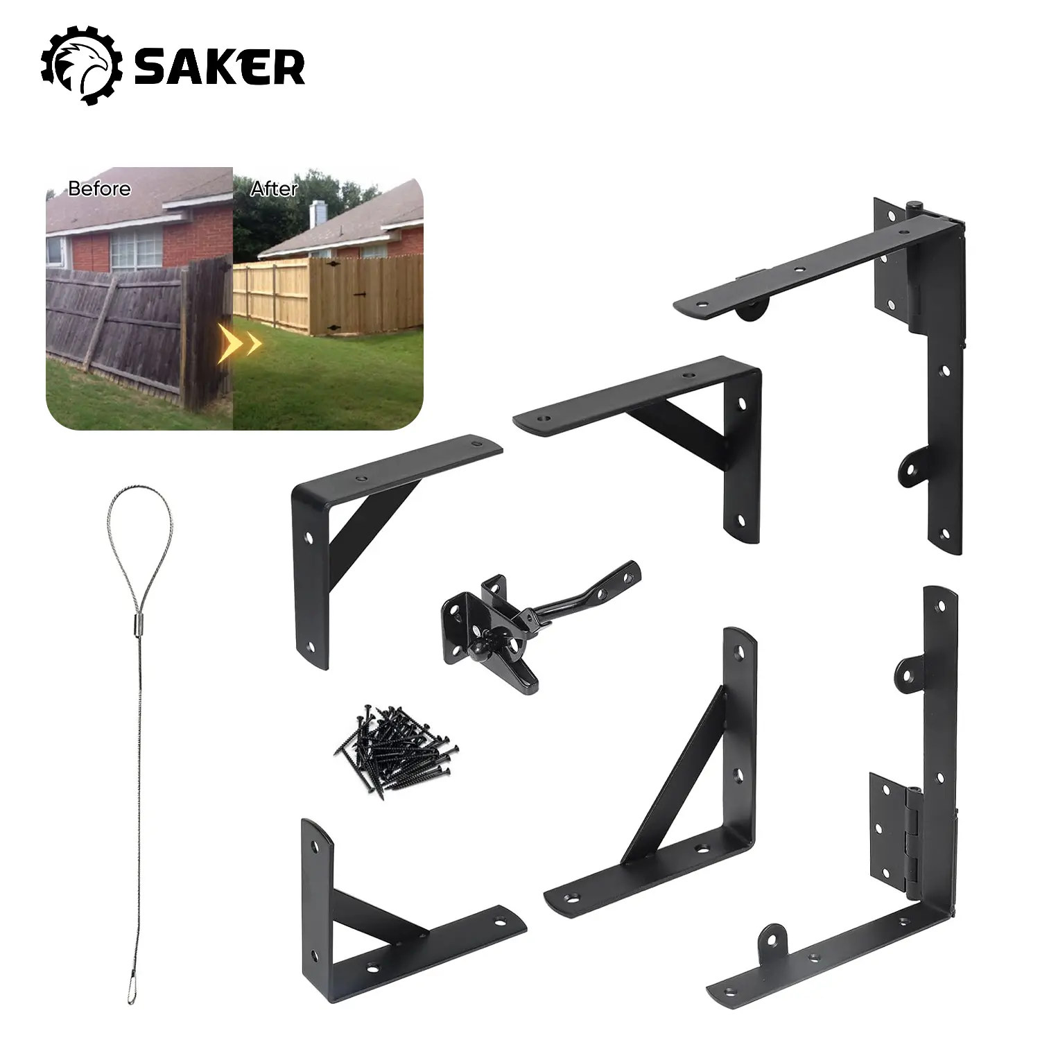 Saker Gate Frame Fence Kit with Gate Latch, Gate Corner Brace Bracket Hardware for Wooden Fence Gate Garden Wooden Driveway Gates, Shed Doors, Corral（1 Sets）, Metal Brackets, Consists Of Multiple Brackets