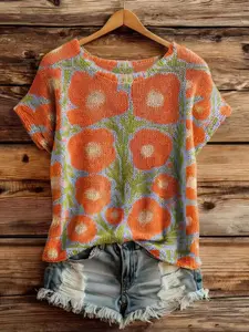 Elegant Boho Style Knit Top Knitwear for Spring Fall, Loose Round Neck Short Sleeve Floral Print Women's Clothing Womenswear, Casual for Daily Wear