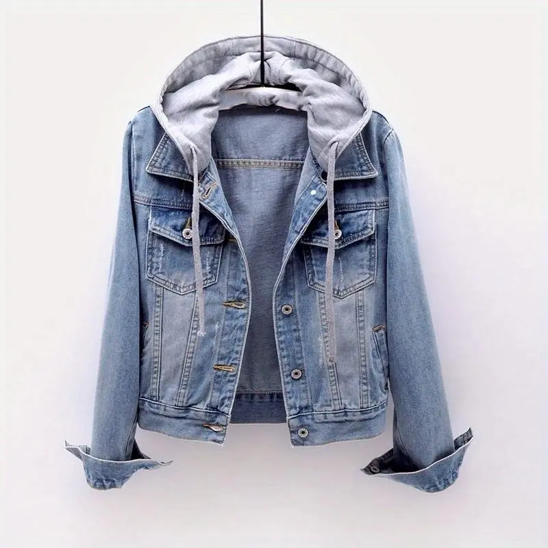 Women's Long Sleeve Short Denim Jacket with Detachable Hood, Casual Outerwear for Spring and Autumn
