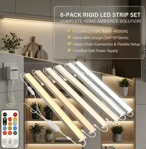 6-Pack Rigid LED Under Cabinet Strip Lights: Dimmable Plug-in Kitchen Counter Lighting Kit, 3 Color Temperatures (2700K-6500K) with Remote, Tool-Free Daisy-Chain Installation for Shelves & Ambient Display