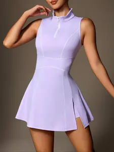 Women's Solid Half Zip Up Sports Dress & Skinny Shorts Two-piece Set, Sporty Casual Breathable Outfits for Yoga Gym Workout, Ladies Sportswear for All Seasons, Tennis Attire