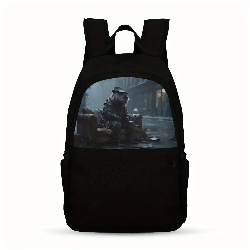 One Casual Backpack Featuring a Gangster Groundhog, Designed for Teenagers. It Is Lightweight with a Large Capacity, Adjustable Straps, Made from Black Nylon Fabric, And Has a Easy Cartoon Design. The Upper Part Is Printed