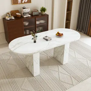 62.9 Inch Farmhouse Oval Dining Table for 6, Faux Marble Top Kitchen Table with Wood Strip Base, Scratch & Water Resistant Surface for Living Room, Modern Dining Room Furniture, White