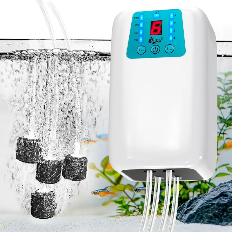 AQQA 8W 280GPH Battery Powered Aquarium Air Pump, USB Rechargeable Quiet Aerator Independently Control 1-4 Outlets & 6-Level LED Display,2 Modes(Continuous/Intermittent) for Fish Tank,Outdoor Fishing