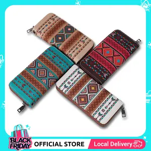 Boho Western RFID Wallet Waterproof Travel Wristlet with Geometric Pattern Zipper Pockets & Multiple Card Slots for Safe Storage