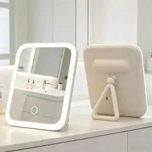 Unique Designer Vanity foldable Mirror with Three Colors LED Light Touch Control for Desktop Bedroom Dressing Area Elegant rechargeable travel Makeup Mirror