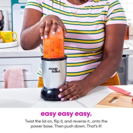 Magic Bullet Blender Small Silver 11 Piece Set 250W Motor Base Cross Blade Cups Party Mug Lip Rings Stay Fresh Lids To Go Lid Recipe Guide