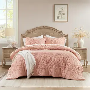 Floral Jersey Comforter Set, Puffy Cloud King Size Comforters Crinkled Farmhouse Rustic Bedding Set,-Soft All Season Down Alternative, Pink 3-Piece