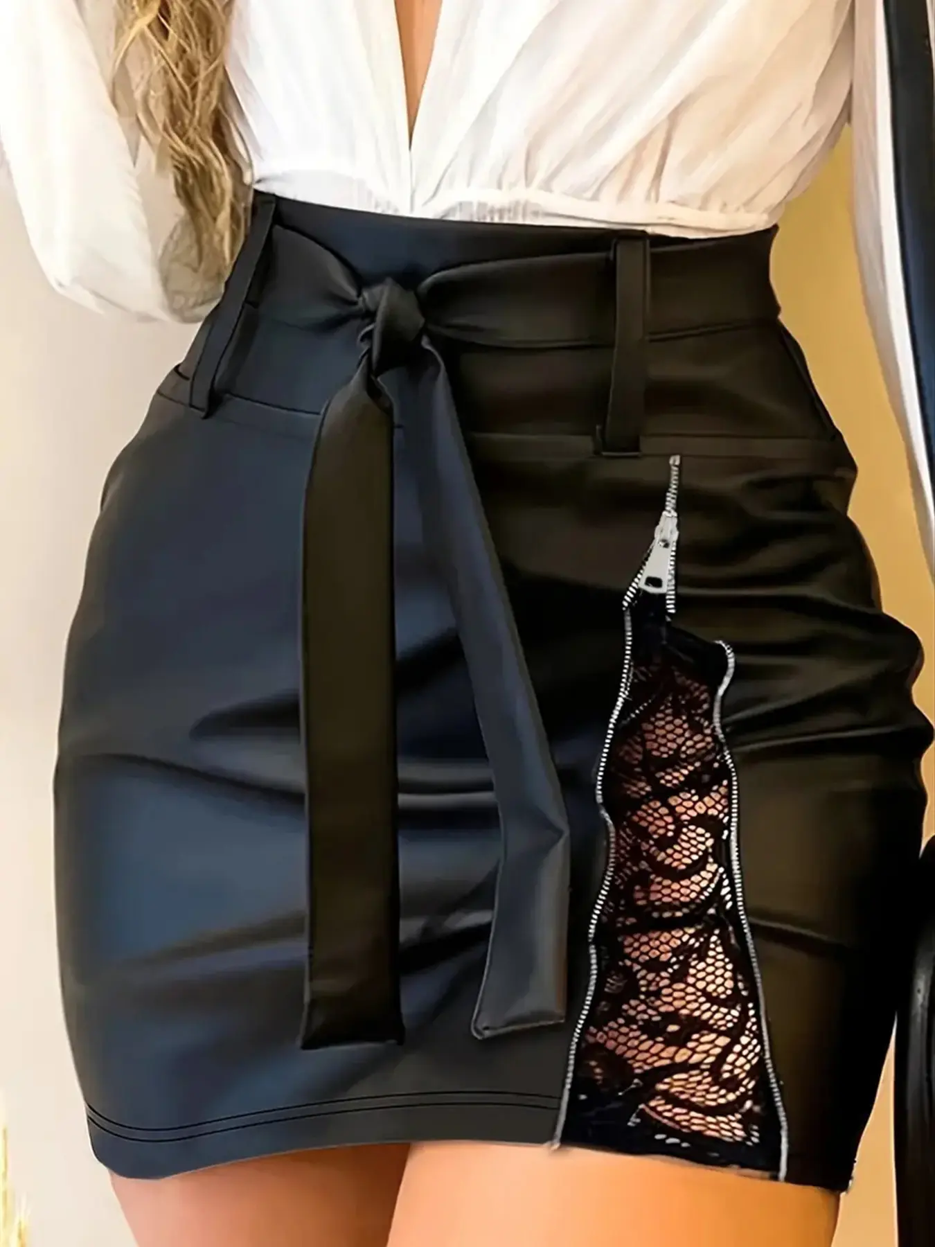Renaishow Women's Fitted PU-Bottom Lace Patchwork A-Line Above Knee Short Skirt - Zipper Closure, Elegant Butterfly Belt, Wrap Bodycon Design, Premium Fabric for Casual Daily Wear, Contrast Lace, Chic, Do Not Wash, Durable Minimalist