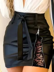 Renaishow Women's PU Mini Skirt with Lace Patchwork & Zipper Fashionable Butterfly Knot Belt for Daily Wear Bottoms for Spring & Summer Fabric