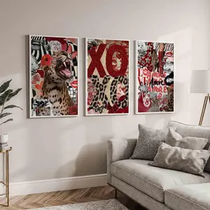 Stylish Wall Art Print -  Leopard Roar Print Set of 3 - Red Cheetah Prints - Home Decor- Red Aesthetic