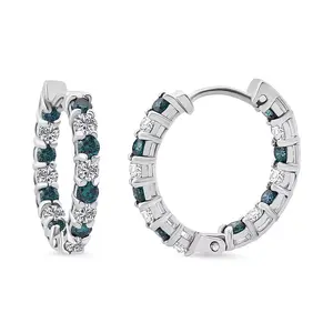 Luxuriant Lab Grown Blue Diamond (IR) and Lab Grown White Diamond SI 1.85 ctw Midnight Ice Hoop Earrings in Rhodium Over Sterling Silver Christmas Gifts