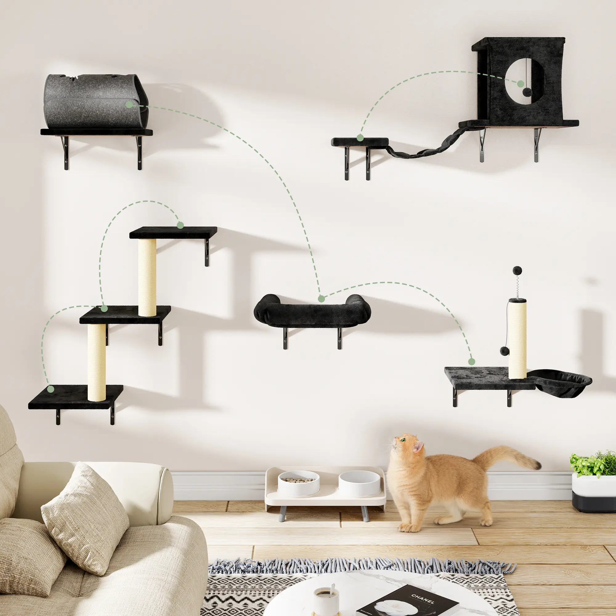 7-Piece Cat Wall Shelves Set – Includes Scratching Post, Cat Bed, Hammock, Toys, Tunnel, Bridge & Soft Platform,Summervibes