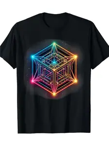 Sacred Geometry Metatron'S Cube T-Shirt - Black with Neon Blue & Pink Accents - Heavyweight 220gsm Tee - Regular Fit Round Neck - Spiritual & Geometric Design - Unisex Casual Shirt for Men & Women - Machine Washable Everyday & Special Occasion Apparel - S