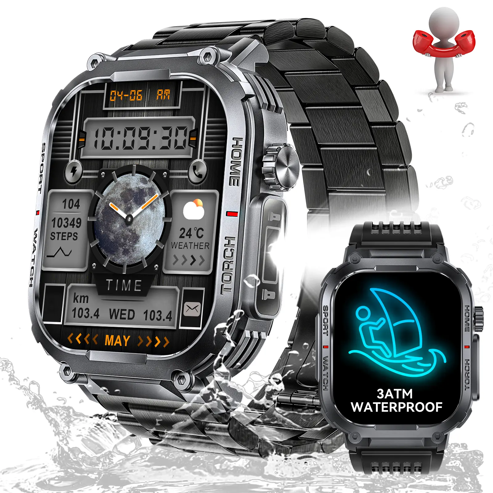 3ATM Waterproof Smart Watch for Men(Call Receive/Dial) with LED Flashlight, 2.02" HD Large Screen Multifunctional Smartwatch with 100+ Sports Modes Compass Digital Watch Wearable Device,back to school,back to school haul