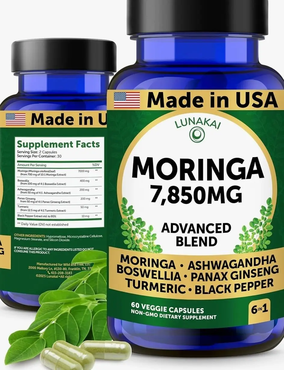 Lunakai USA Made Pure Moringa Capsules – Advanced Moringa Leaf Extract Supplement with Ashwagandha, Boswellia, Ginseng & Turmeric, 60ct