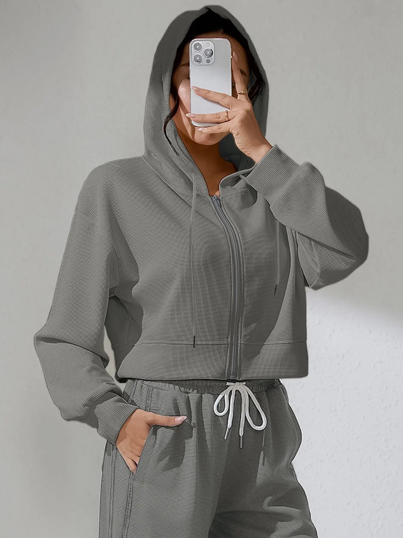 Women's Waffle Zipper Jacket, Sporty Casual Fashion Hooded Loose Fit Drop Shoulder Long Sleeve Cardigan, Versatile Stylish Outerwear