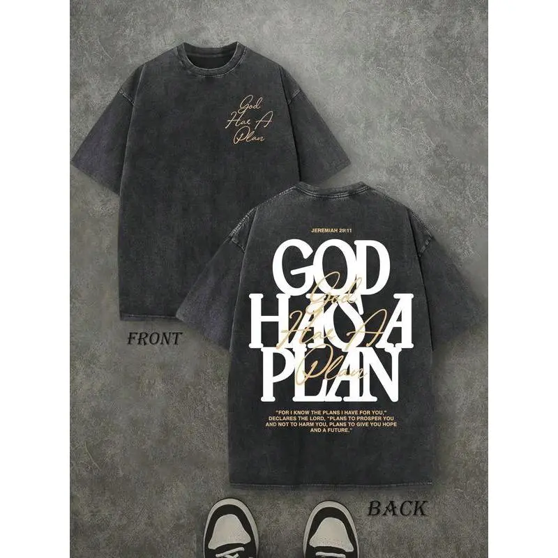 Winter outfits Retro Washed T-Shirt Double Sided Printed 230 Pure Cotton'GOD HAS A PLAN' Letter Print Men's Casual ComfortableFashionable Street Style Cotton Distressed FestiveMenswear Tops slightly cropped shirt men