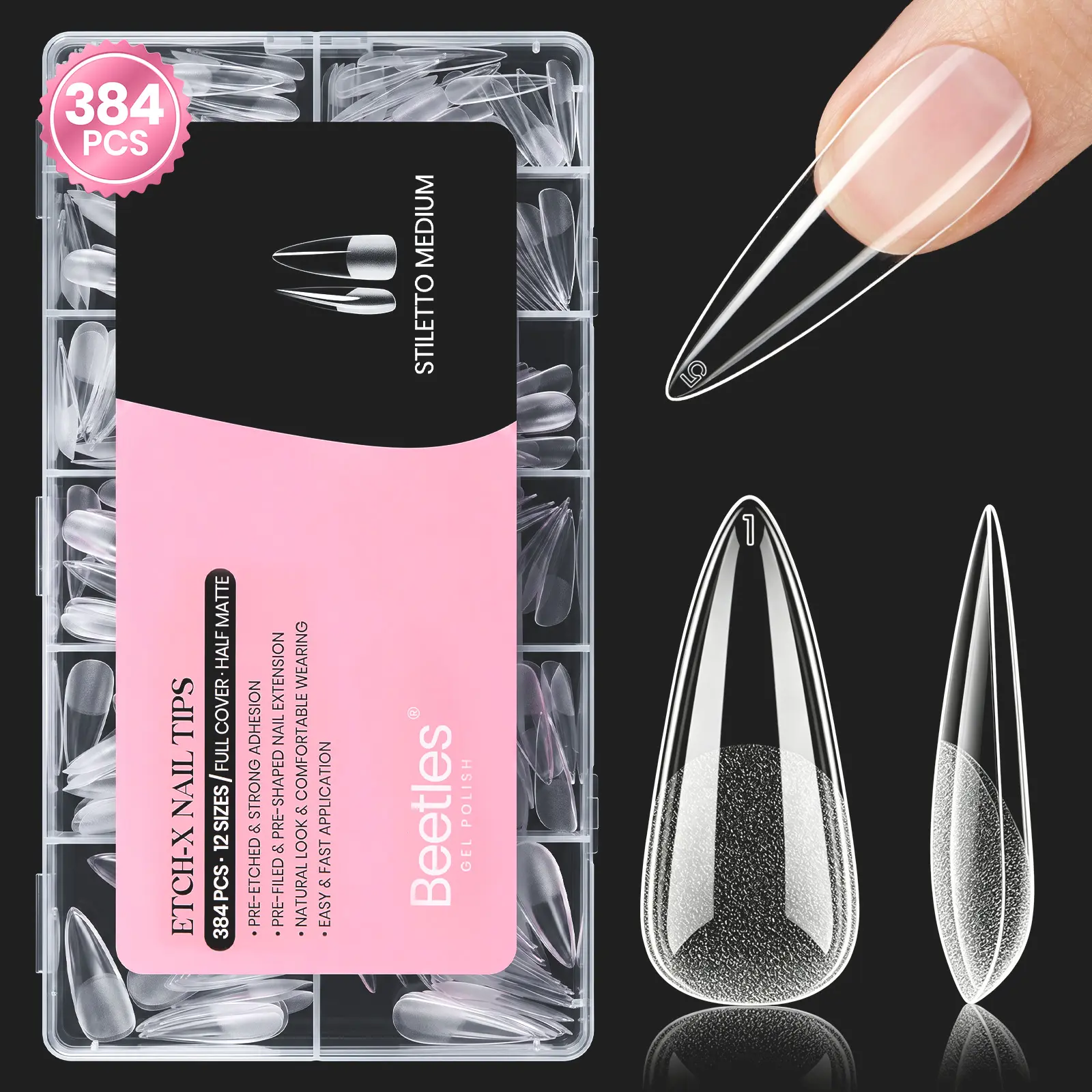 Beetles Gel Nail Tips Etch-X, 384pcs 12 Sizes, Pre-Etched Half Matte Full Cover Soft Gel Nail Tips, Press on False Nail Extension Acrylic Fake Nails, Easy DIY Salon Art