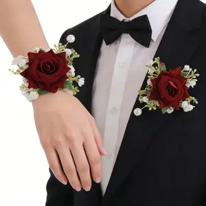 2 pcs Boutonniere and Wrist Corsage,Rose and White Baby's Breath Elegant Corsage Set for Bride and Groom, Wedding Decor, Evening Parties, and Anniversary Celebrations