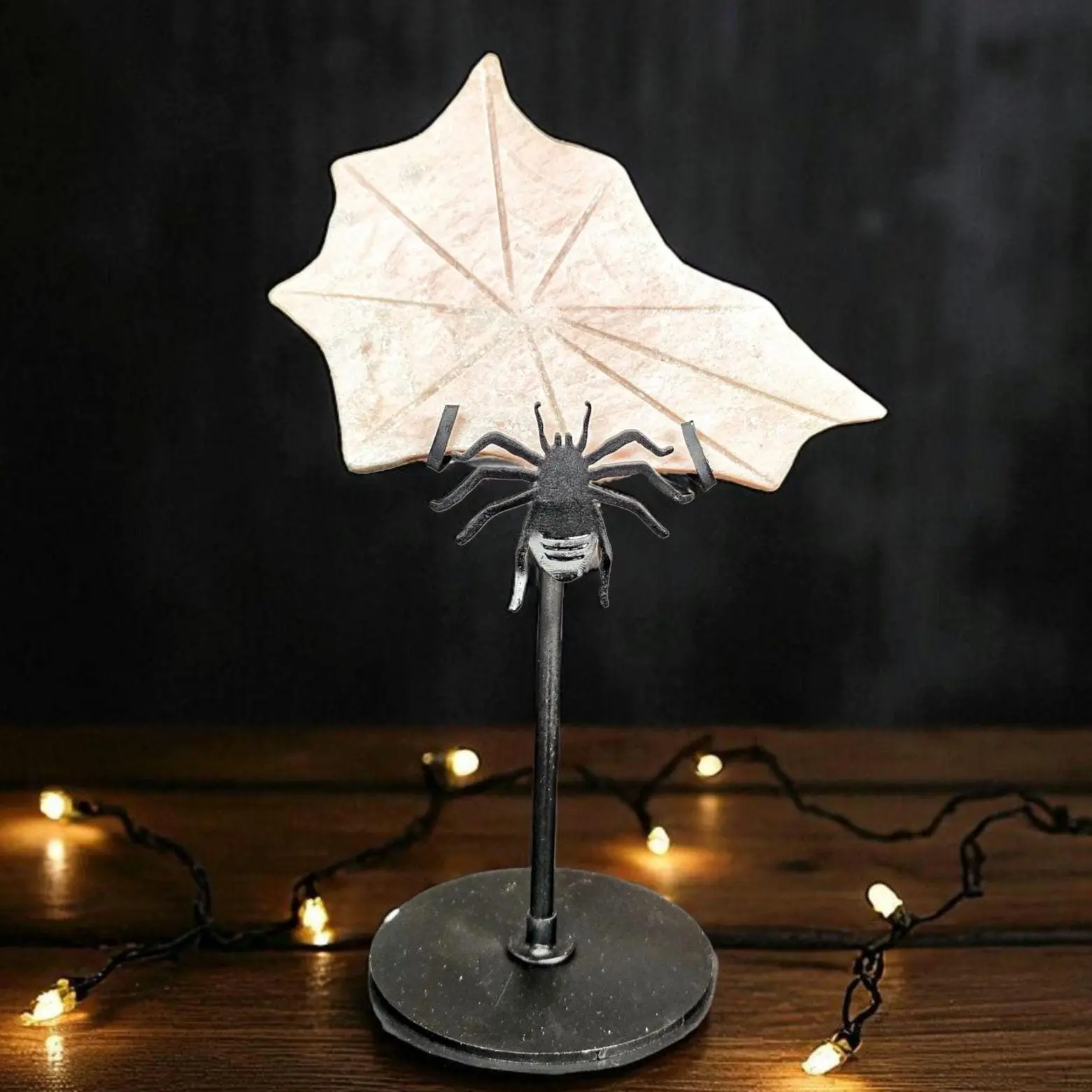 Carved Orange Calcite Spiderweb with Metal Stand - Gothic Halloween Decor