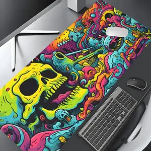 Psychedelic Neon Grotesque Skull Design Large Gaming Mouse Pad,Aesthetic Desktop Protection Pad, Washable Rubber Pad Non-Slip Lock Edge Multi-Size Mouse Pad, Desk Accessories For Home Office, Desktop Accessory, Perfect for Halloween