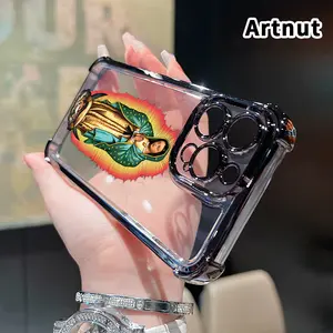 Electroplated Four Corner Anti-Fall Virgin of Guadalupe Pattern Phone Case for iPhone 16 Pro Max 15 Plus 14 13 12 11 E Shockproof Transparent Protective Cover