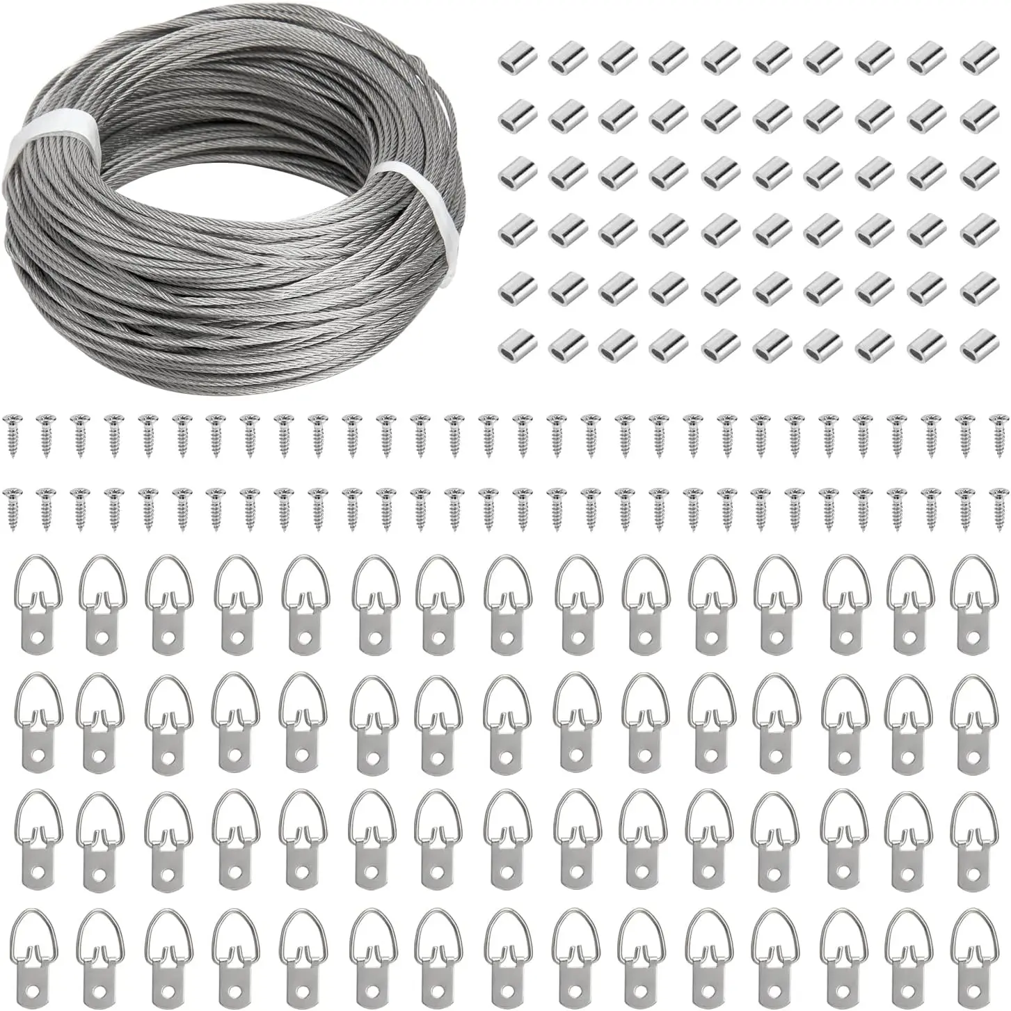 Picture Hanging Kit - 100  Braided Hanging Wire, 60 count D Ring Picture Hangers with Screws and 60 count Aluminum Crimping Loop Sleeve for Canvas Paintings, Photo Frames