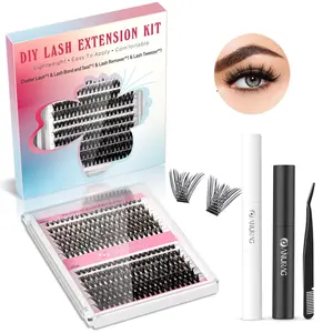Lash Extension Kit Wispy Lash Clusters Kit 9-17mm Natural Cluster Eyelash Extensions with Lash Bond and Seal and Lash Tweezer C Curl DIY Lash Extensions Kit For Beginners